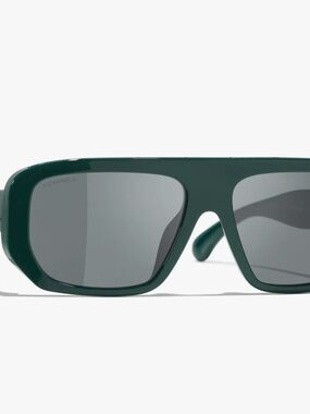 CHANEL Dark Green Rectangular Shield Sunglasses with Gray Lenses
